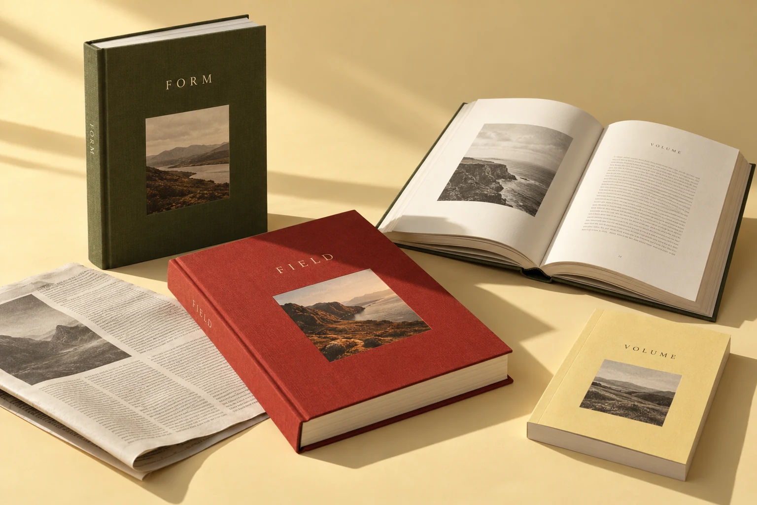 A concept collection of clothbound books, an open edition, and a literary newspaper on a yellow surface